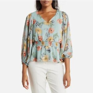 Philosophy Floral Top V-Neck Size Large Green Elastic Waist Casual Cottagecore